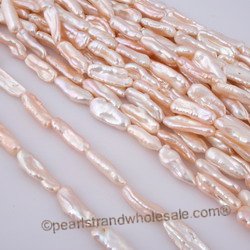 Freshwater Pearls, Flat Biwa Stick Shaped, Center-Drilled, Natural Peach  Approx. 10x25mm (16 Strand)